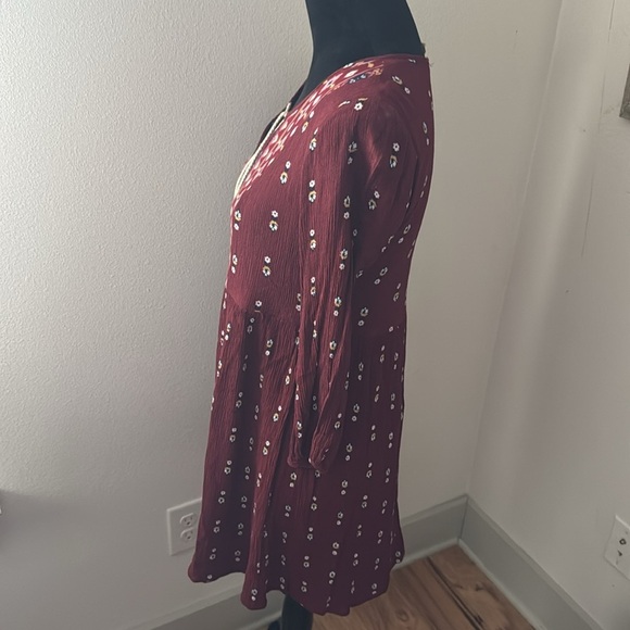 Entro burgundy 3/4 sleeves split collar ties tassels Boho dress Sz S - Picture 4 of 7